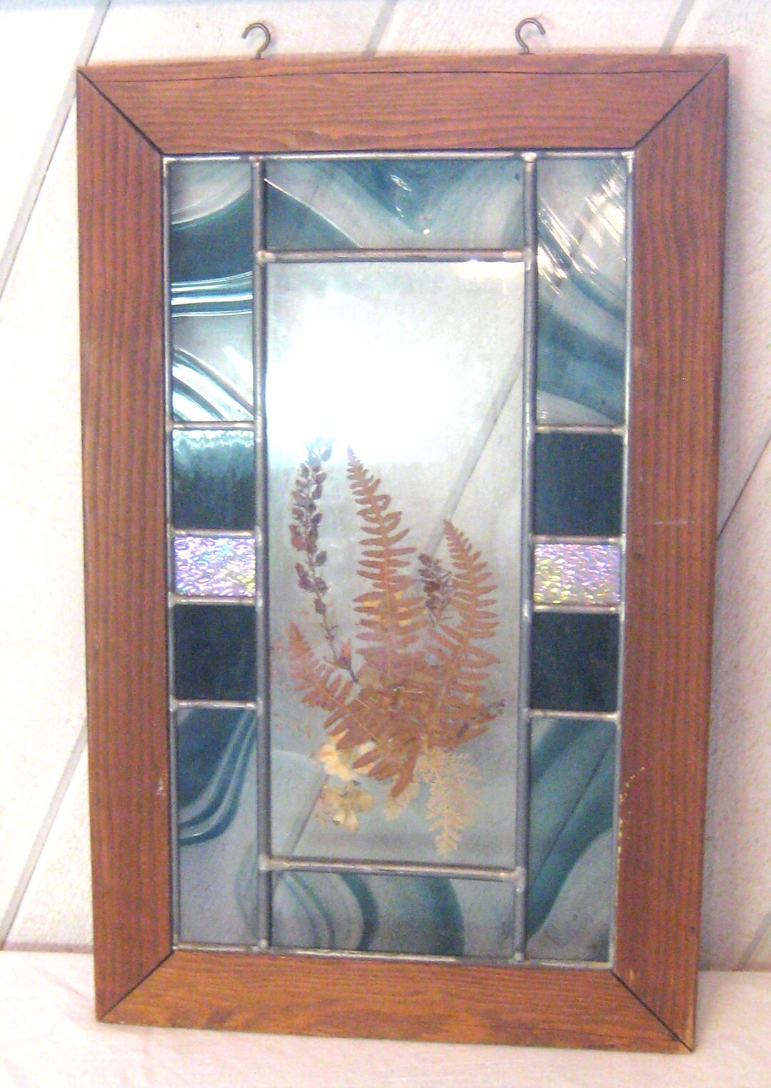 Vintage Stained Glass Panel Shades of Blue Swirls Dried Fern Etsy
