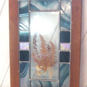 Vintage stained glass panel, shades of blue swirls, dried fern leaves seed pods botanical, wood frame, window wall hanging decor, rare 1970s