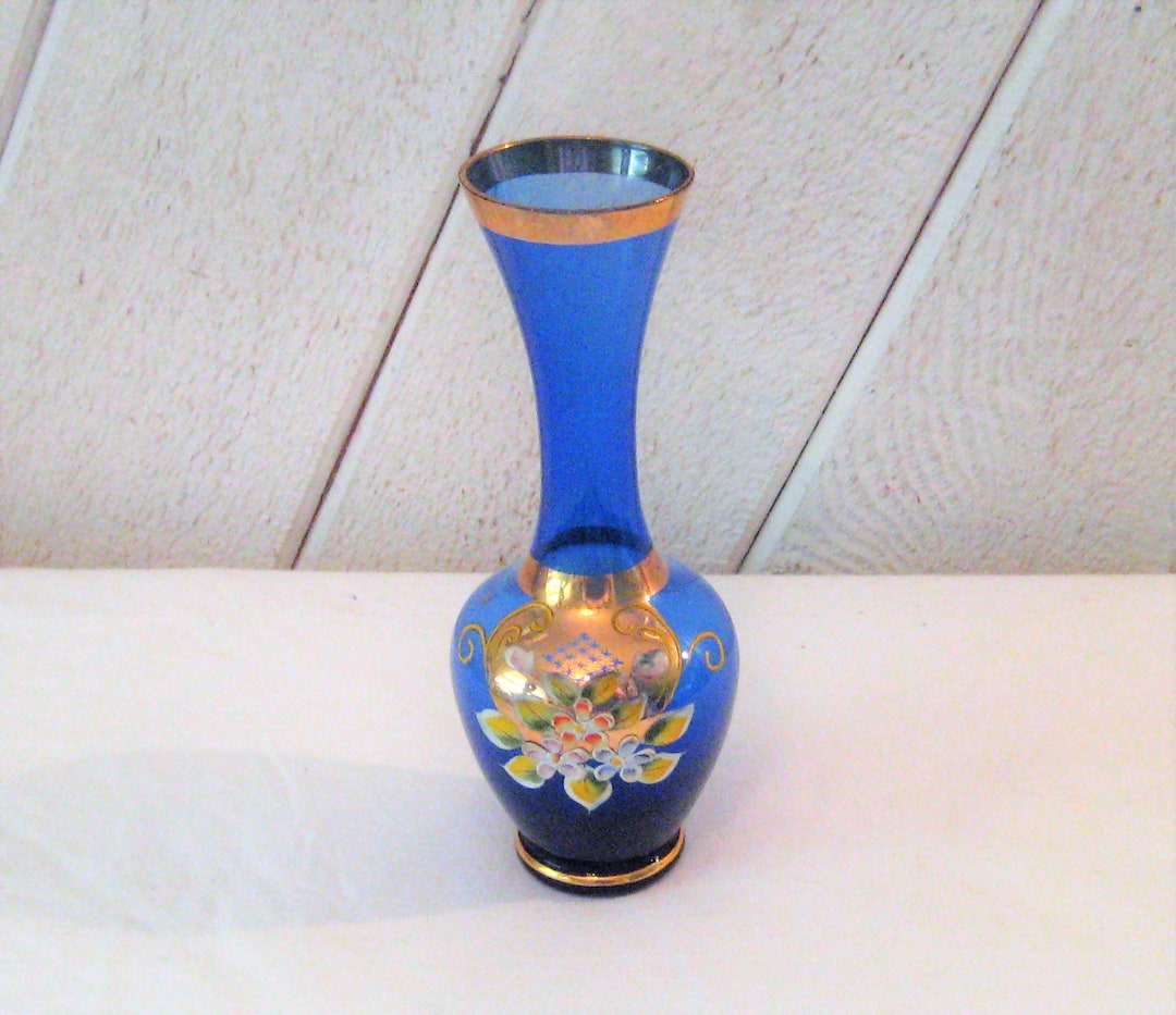Antique Cobalt Blue Vase, Gold Trim 3D Hand Painted Flowers, Mid
