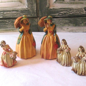 Antique Victorian woman figurine, paper mâché, long flowing gowns, flower baskets bonnet umbrella, early 1900s, 10s 20s, lady statue rare