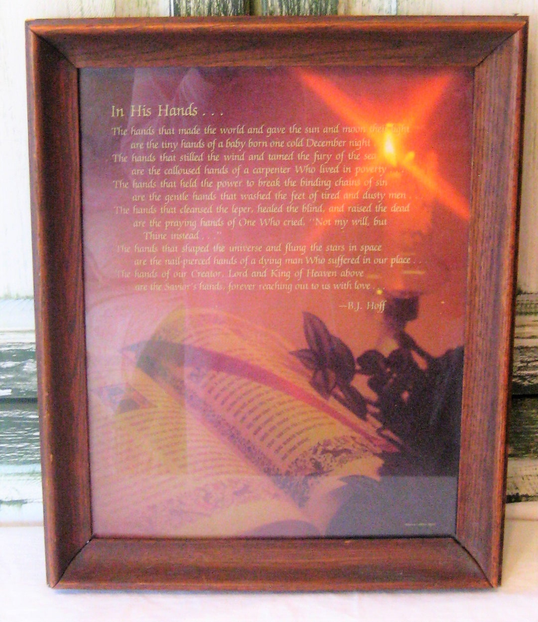 Vintage Religious Poem Wall Hanging Decor, in His Hands BJ Hoff, 11 X