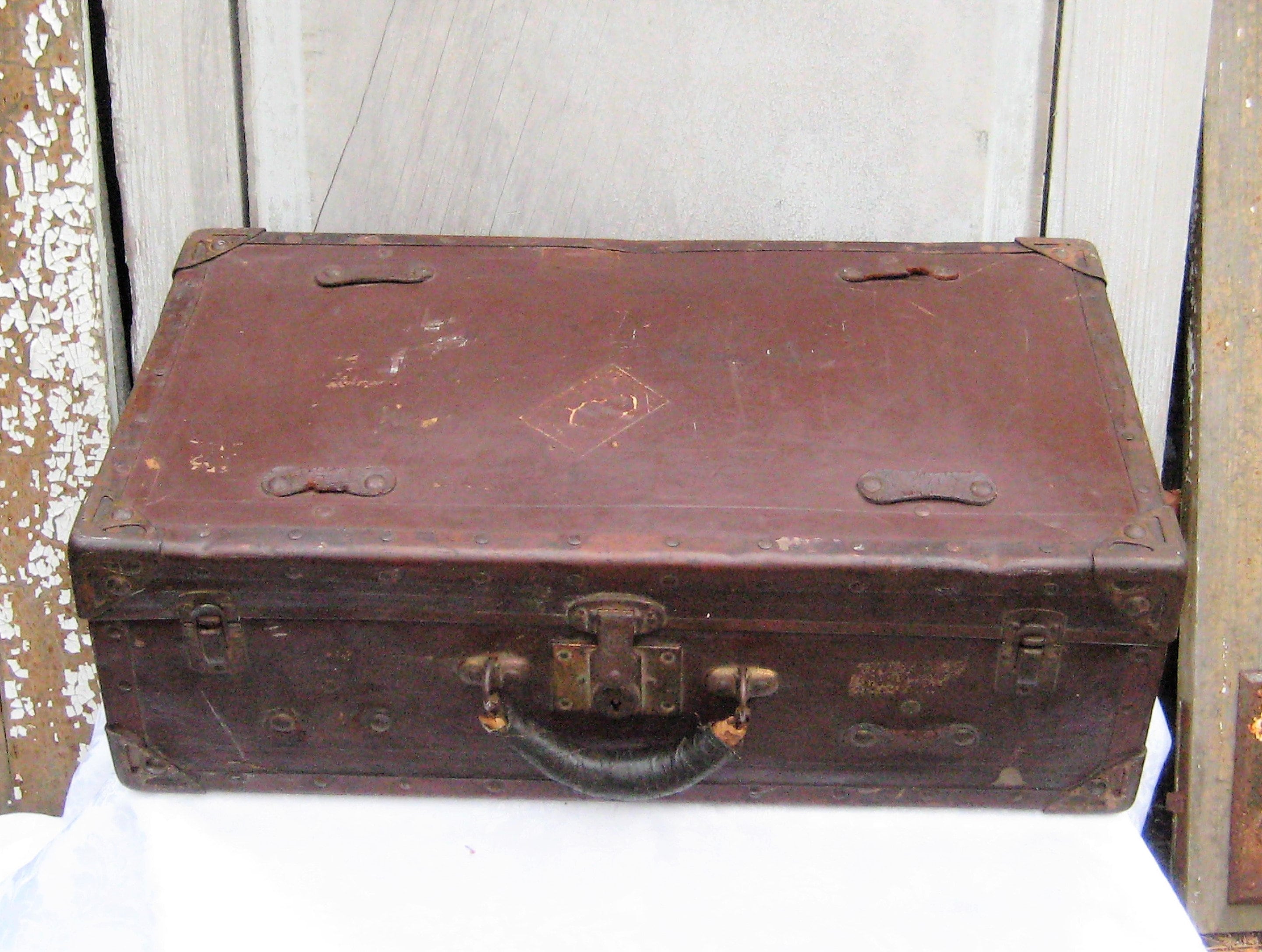 Antique 1800's leather travel trunk suitcase