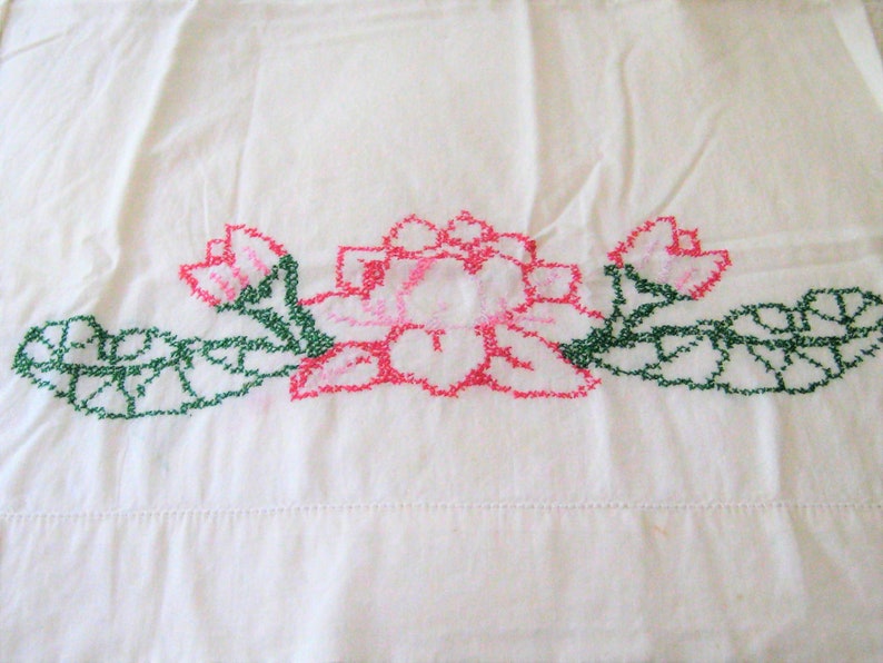 white cross stitch floral pillowcase Lotus flower embroidered pillowcases pink green 1950s standard vintage hand made mid century