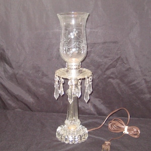 Clear glass table lamp, white frosted glass globe, crystals, hob nob base, 60s 70s, bedroom boudoir lamp, shabby cottage chic farmhouse