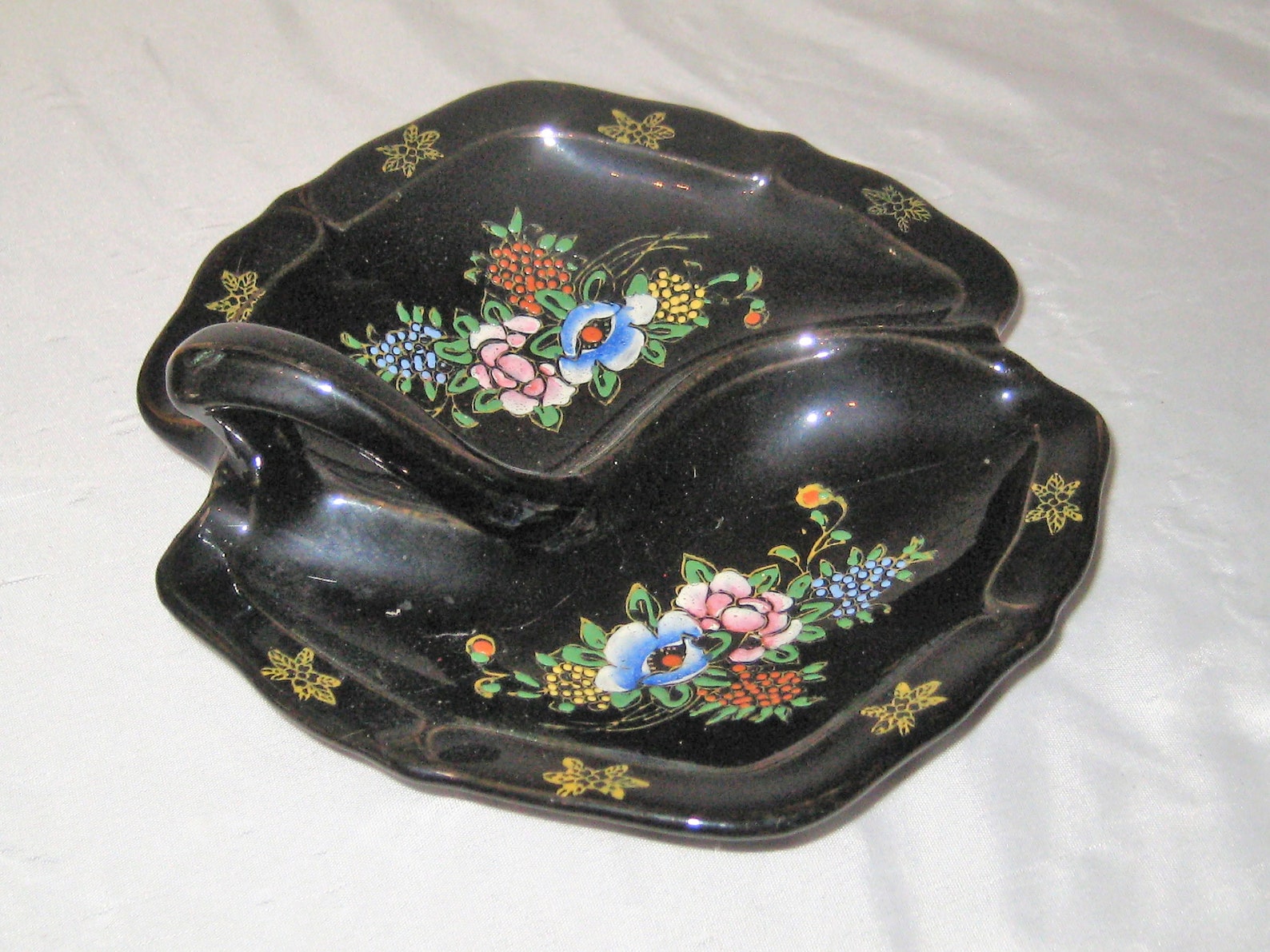 Antique ceramic black serving dish has handle floral relish Etsy