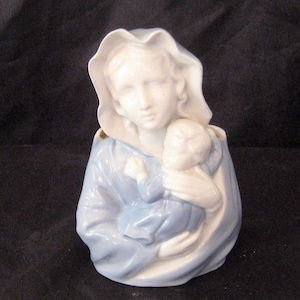 Antique woman and baby indoor planter, Madonna Mother Mary holding Christ child, Virgin Mary, religious alter decor, mid century, light blue