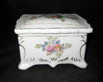 boîte à couvercle en céramique vintage, petite boîte cadeau souvenir de roses blanches roses roses, filigrane d'or décoratif, Japon occupé, milieu du siècle