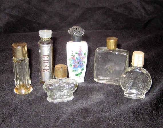 Collection of 6 Tiny Glass Perfume Bottles Ornate White 