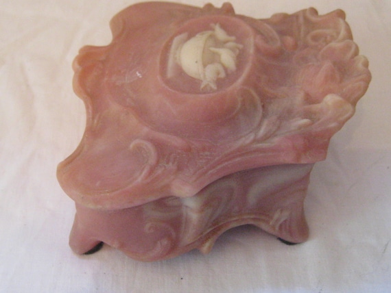 Carved Stone Jewelry Box, Hinged Lid, Pink Ivory, Incolay