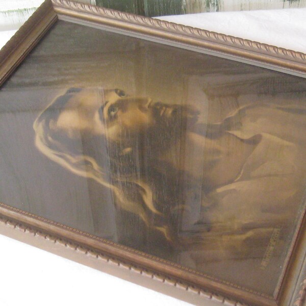 Antique Jesus picture, framed picture of Christ, antique, 1940s, wood frame, 12.5 x 15.5", religious decor, wall hanging decor, mid century