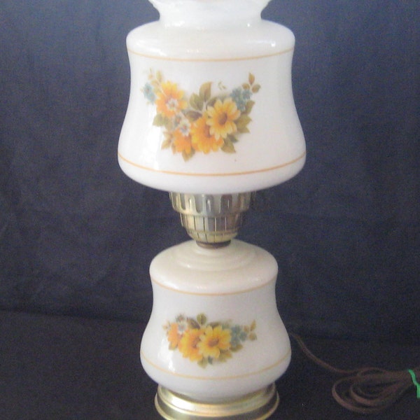 White milk glass table lamp, hurricane lamp, yellow daisies floral flowers, bedroom boudoir, night light, 1970s, farmhouse country decor