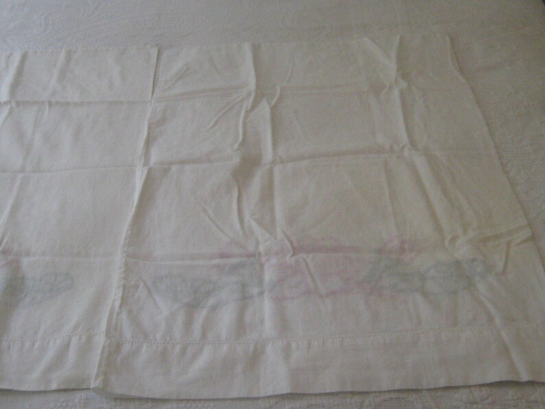 white cross stitch floral pillowcase Lotus flower embroidered pillowcases pink green 1950s standard vintage hand made mid century
