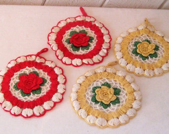 Antique crochet pot holders, one pairs, red white green yellow, vintage handmade hand done, 3D flower design, mid century farmhouse decor