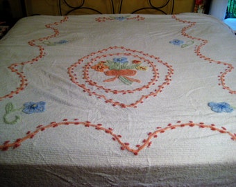 Vintage chenille quilt, mid century, white with flowers in blue, green, yellow and pink, single twin, double comforter bedspread, 1950s MCM