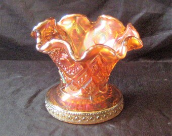 Cuenco antiguo de vidrio de carnaval ornamentado, base para ponchera, vidrio Dugan o Imperial, arcoíris naranja iridiscente, borde decorativo con volantes, principios del siglo XX