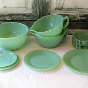 ONLY SAUCERS CUPS left Antique jadeite cup and saucers, Fire King Anchor Hocking mint green Jane Ray dinner dessert plate saucer