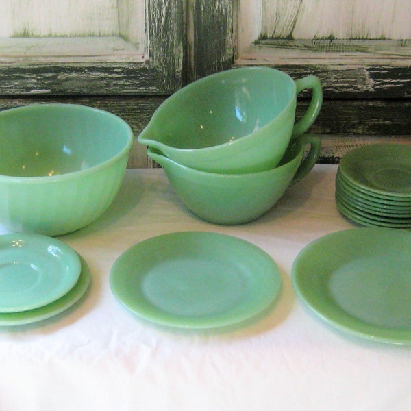 Antique jadeite mixing bowl, batter pour bowl, cup and saucers, Fire King Anchor Hocking mint green Jane Ray dinner dessert plate saucer