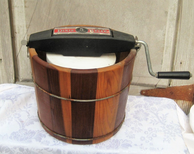 Vintage Ice Cream Maker Machine, Hand Crank, Wood Rustic Barrel, Dixie