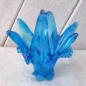 Vintage turquoise blue aqua glass basket, MCM swag glass bowl, abstract art glass sculpture, 60s 70s, mid century modern