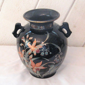 Vintage black urn with double handles, ceramic black vase, floral design, peach orange daffodils, fine china, made in Japan, 1980s