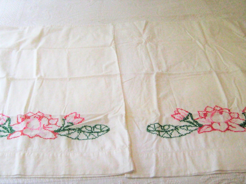white cross stitch floral pillowcase Lotus flower embroidered pillowcases pink green 1950s standard vintage hand made mid century
