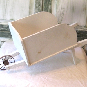 Antique white wood wheelbarrow with ornate metal wheel, vintage handmade, mid century 50s 60s, outdoor farmhouse porch decor, OOAK