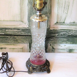 Vintage glass table lamp, L & L WMC, clear ornate glass stem, heavy brass metal base, living room bedroom lamp, farmhouse decor, mid century