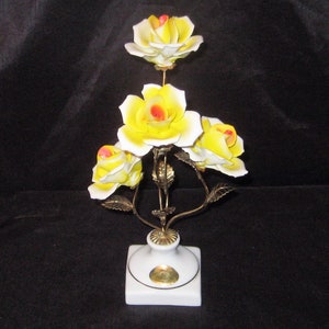 Yellow roses ceramic figurine, white gold, brass stems leaves, capodimonte, made in Italy, ceramic 3D flowers statue, mid century 60s 70s