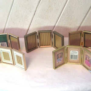 Vintage attached 3 gold tin picture frames, 2.25 x 3.25", table top trio portrait school photos, decorative filigree geometric  60s 70s 80s