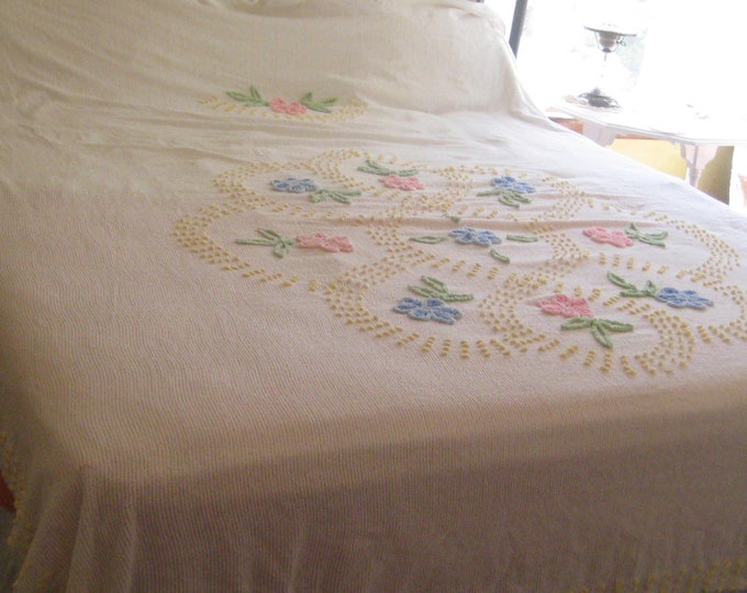Antique Chenille Bedspread Cotton White Floral Pink Blue Etsy