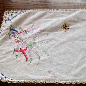 Antique runner, embroidered runner, vintage handmade, hand done, butterflies, red garden cart, yellow embroidered trim, white blue pink
