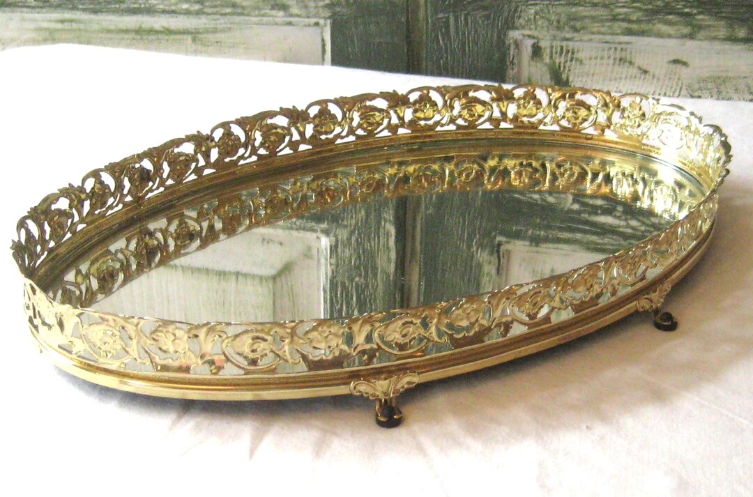 Vintage Oval Mirror Tray Footed Brass Filigree Sides Vanity Etsy