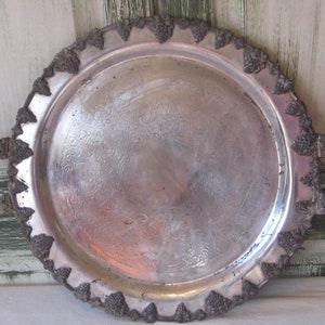 Antique silverplated round tray, decorative drink food serving ornate double handles embossed grape design rustic primitive tarnished copper