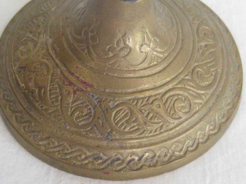 Ornate brass candelabra, heavy metal candlestick holder, holds 3 taper candles, decorative centerpiece, filigree mid century farmhouse decor image 4