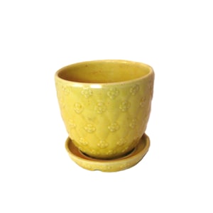 Antique yellow indoor outdoor planter with drainage tray, Shawnee pottery, mid century 40s 50s, diameter 4.75&quot;, height 4.75&quot;, small petite