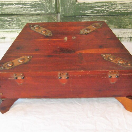 Antique shops large wood box, triangle shape, hinged lid, ornate copper hardware, decorative memory letter footed box, 20s 30s rare unusual unique