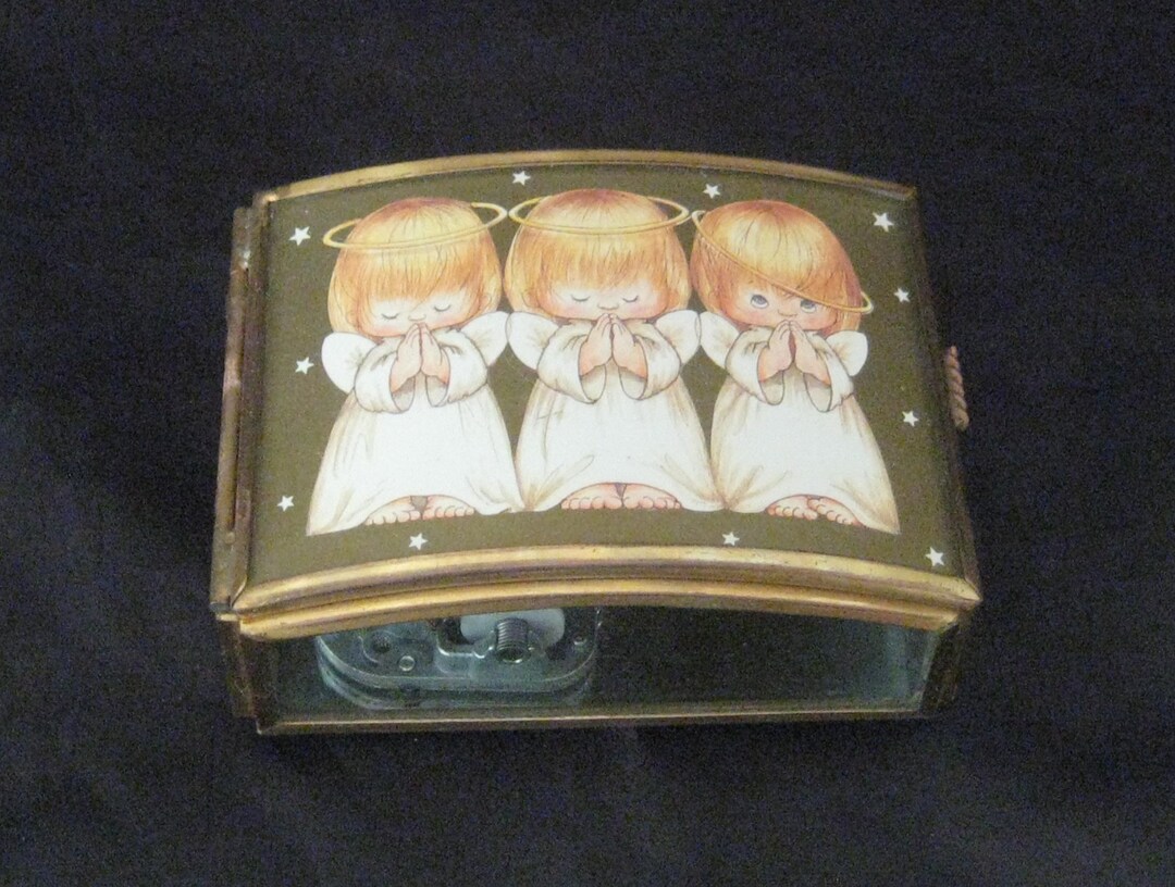 Vintage Music Box Glass Brass Hinged Lid Three Angels Etsy