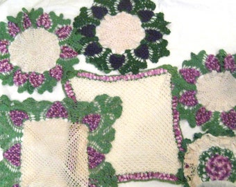 Antique collection crochet doilies, true green purple lavender off white, 3D grapes round square, vintage handmade mid century farmhouse 50s