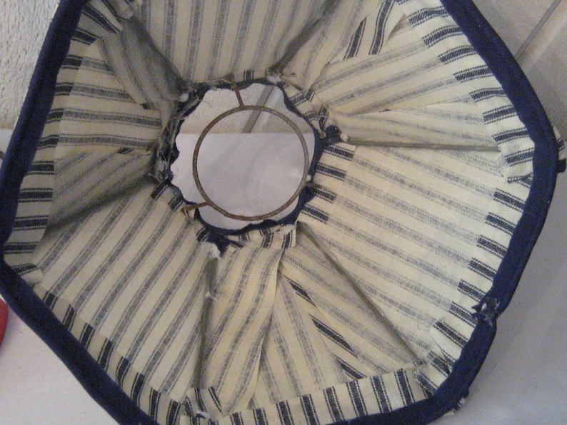 nautical beach decor vintage ticking fabric Red light hose lamp OOAK blue white striped lamp shade mid century upcycled vintage lamp