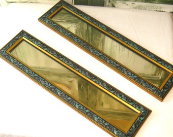 Vintage pair of wall mirrors, long narrow framed mirrors, moss green black gold, 70s 80s, wall hanging decor, floral garland farmhouse decor