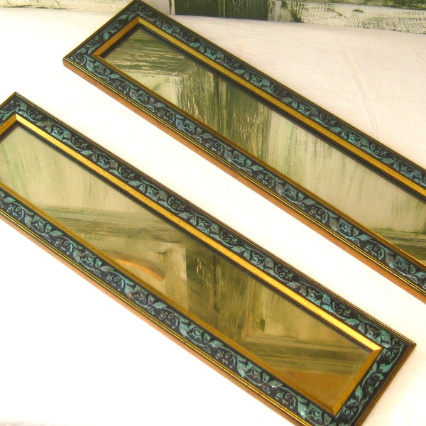 Vintage pair of wall mirrors, long narrow framed mirrors, moss green black gold, 70s 80s, wall hanging decor, floral garland farmhouse decor