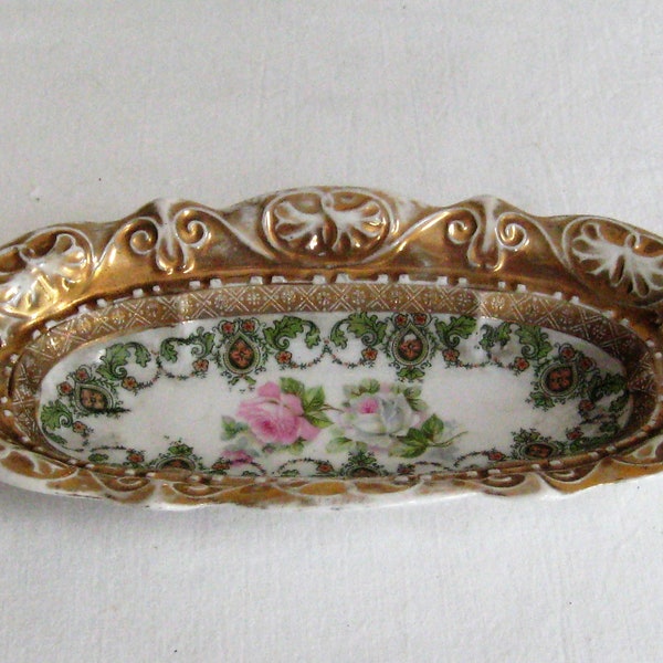 Antique ornate oval bowl, small petite gold shallow bowl, pink white roses, green filigree, made in Germany, rustic distressed farmhouse