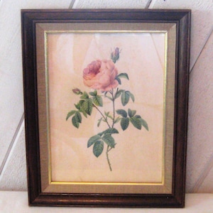 Vintage framed print, framed single pink long stem rose, 60s 70s, floral Wall hanging, brown wood frame, 10 x 12&quot;, shabby farmhouse decor