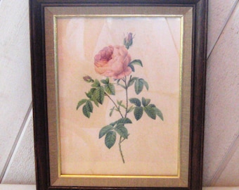 Vintage framed print, framed single pink long stem rose, 60s 70s, floral Wall hanging, brown wood frame, 10 x 12", shabby farmhouse decor