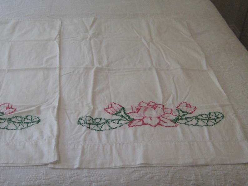 white cross stitch floral pillowcase Lotus flower embroidered pillowcases pink green 1950s standard vintage hand made mid century