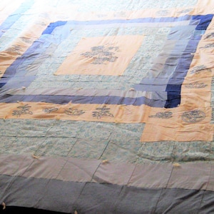 Vintage handmade quilt bedspread, embroidered shades of blue, geometric turquoise aqua, hand sewn stitched embroidery 80s, single twin