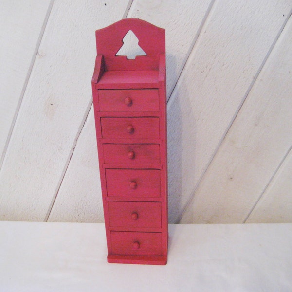 Red wood tiny drawer cabinet, rustic distressed apothecary chest, cabin decor, Christmas decor, holiday decor, hand painted one of a kind