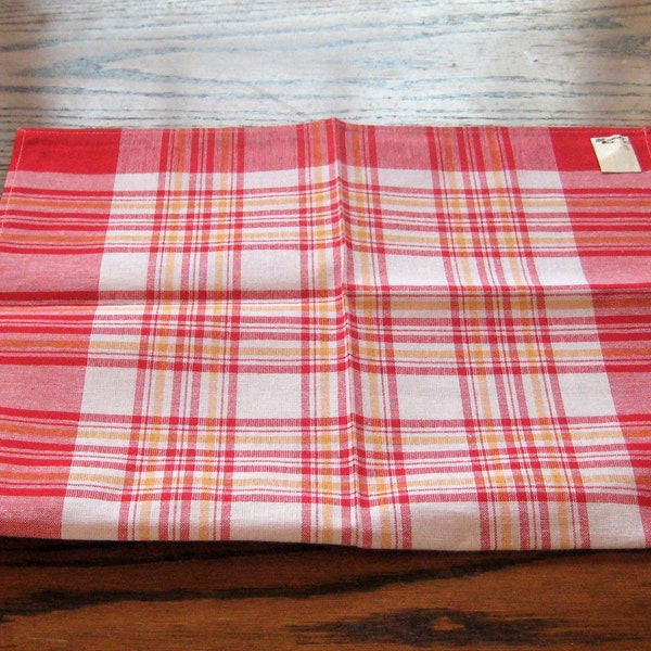 Kitchen towel, red, yellow orange, white plaid tea towel, NOS new old stock, 1960s, baumwolle cotton, farmhouse decor