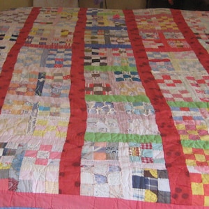 Antique patchwork quilt, hand sewn stitched, red blue yellow green multicolored geometric crazy quilt, depression era, farmhouse decor OOAK