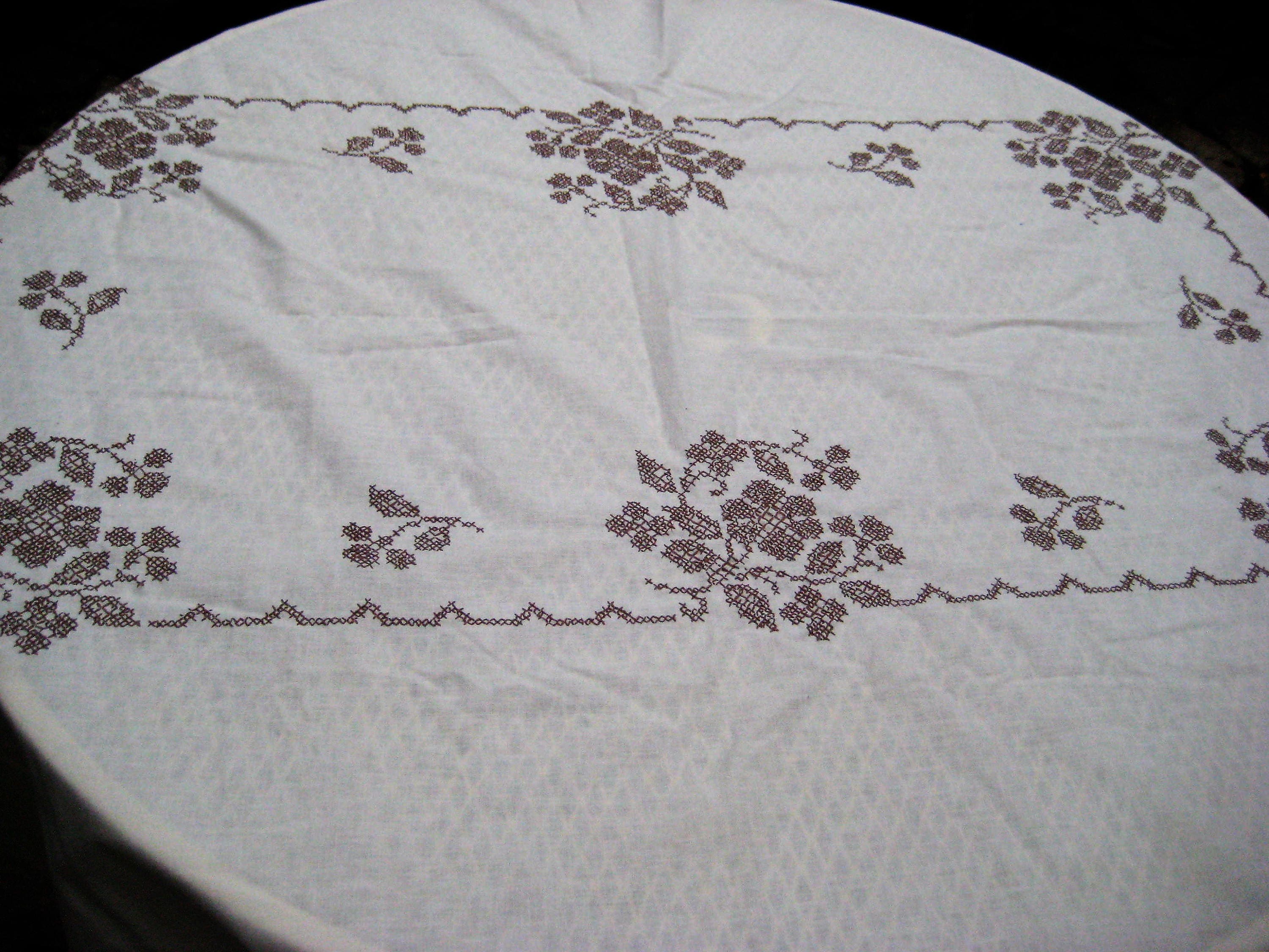 Cross Stitch Vintage Handmade Tablecloth Floral Hand Embroidered Table Top Rectangle Soft Beige Cotton